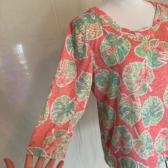 Hearts of Palm tropical print blouse embellished neck coral lime pineapple large - Picture 4 of 16